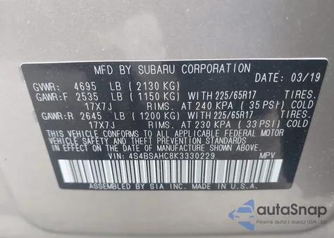 2019 Subaru Outback 2.5I Premium from USA, damaged, VIN 4S4BSAHC8K3330229